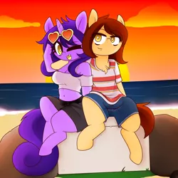 Size: 2500x2500 | Tagged: safe, artist:fullmetalpikmin, derpibooru import, oc, oc:amethyst sniper, oc:bajo, pony, semi-anthro, arm hooves, beach, belly button, bikini, bikini top, breasts, clothes, female, male, mare, one eye closed, rock, see-through, shorts, sitting, stallion, sun, sunset, swimsuit, water, wink