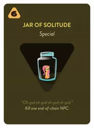 Size: 1166x1588 | Tagged: suggestive, derpibooru import, fluttershy, pegasus, pony, card, female, glass jar, incel riot studios, jar, pony cum jar project, text, virtue signal the game