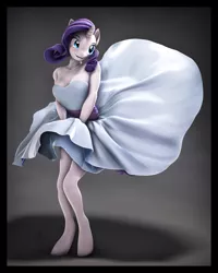 Size: 4000x5000 | Tagged: safe, artist:imafutureguitarhero, derpibooru import, rarity, anthro, unguligrade anthro, unicorn, 3d, absurd resolution, barehoof, blushing, border, chromatic aberration, clothes, colored eyebrows, dress, eyeshadow, female, film grain, image, jpeg, legs, makeup, marilyn monroe, nose wrinkle, open mouth, revamped anthros, revamped ponies, shadow, signature, skirt, skirt blow, smiling, solo, source filmmaker, the seven year itch