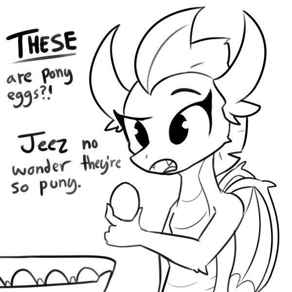 Size: 3000x3000 | Tagged: safe, artist:tjpones, derpibooru import, smolder, dragon, black and white, egg, egg carton, female, food, grayscale, lineart, monochrome, sexually oblivious, simple background, solo, white background