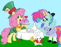 Size: 750x572 | Tagged: safe, artist:circuspaparazzi5678, artist:drchrissy, derpibooru import, edit, angel bunny, li'l cheese, oc, oc:rainbow blitz, earth pony, pegasus, pony, the last problem, alice in wonderland, base used, clothes, cupcake, dress, ear piercing, earring, food, jewelry, mad hatter, magical lesbian spawn, multicolored hair, offspring, older li'l cheese, parent:fluttershy, parent:rainbow dash, parents:flutterdash, piercing, rainbow hair, rainbow makeup, tea