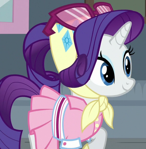 Size: 1184x1207 | Tagged: safe, derpibooru import, screencap, rarity, pony, unicorn, the end in friend, alternate hairstyle, camping outfit, clothes, cropped, female, headscarf, mare, outfit catalog, raised hoof, scarf, solo, sunglasses