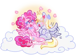 Size: 1280x926 | Tagged: safe, artist:kiddinsdeluxe, derpibooru import, derpy hooves, pinkie pie, pegasus, pony, alternate hairstyle, bow, cloud, collar, duo, happy, laughing, markings, on a cloud, pigtails, race swap, ribbon, signature, simple background, stimming, sunny, transparent background, watermark