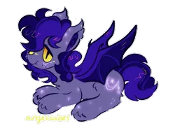 Size: 1119x820 | Tagged: safe, artist:kiddinsdeluxe, derpibooru import, oc, oc:nitey nite, unofficial characters only, bat pony, pony, androgynous male, curly hair, fluffy hair, glowing markings, looking at you, lying down, markings, simple background, smiling, spread wings, transparent background, watermark, wings