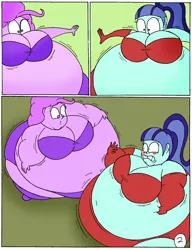 Size: 1696x2208 | Tagged: suggestive, artist:robot001, derpibooru import, pinkie pie, sonata dusk, comic:equestria fatties, equestria girls, bikini, bra, breasts, clothes, comic, commission comic, commissioner:giganticluv, duo, evening gloves, fat, fat boobs, fattening, female, gloves, green background, long gloves, panties, potion, pudgy pie, simple background, sonatubby, swimsuit, table, underwear, weight gain