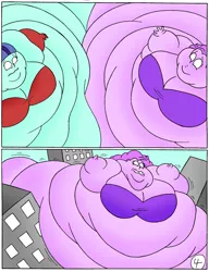 Size: 1696x2208 | Tagged: suggestive, artist:robot001, derpibooru import, pinkie pie, sonata dusk, human, comic:equestria fatties, equestria girls, bikini, bra, breasts, clothes, comic, commission comic, commissioner:giganticluv, duo, evening gloves, fat, fat boobs, fattening, female, giantess, gloves, growth, humanized, impending disaster, long gloves, macro, morbidly obese, obese, panties, potion, pudgy pie, rolls of fat, sky, skyscraper, skyscrapers, sonatubby, swimsuit, underwear, weight gain