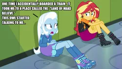 Size: 883x500 | Tagged: safe, artist:thor-disciple, derpibooru import, sunset shimmer, trixie, equestria girls, equestria girls series, forgotten friendship, canterlot high, locker, mister rogers, mister rogers' neighborhood, reference, school