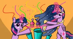 Size: 1210x660 | Tagged: safe, artist:twi clown, derpibooru import, princess twilight 2.0, twilight sparkle, twilight sparkle (alicorn), alicorn, pony, unicorn, the last problem, 10, bipedal, cupcake, duo, female, food, happy birthday mlp:fim, magic, mare, mlp fim's tenth anniversary, unicorn twilight