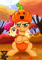 Size: 2100x2975 | Tagged: safe, artist:theretroart88, derpibooru import, apple bloom, applejack, earth pony, adorabloom, applejack is not amused, apple sisters, blushing, clothes, costume, cute, duo, female, halloween, halloween costume, holiday, jackabetes, leaves, pumpkin, pumpkinjack, siblings, sisters, tree, tsundere, tsunjack, unamused