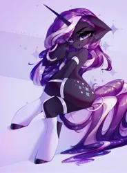 Size: 2192x2972 | Tagged: safe, alternate version, artist:tomness, derpibooru import, nightmare rarity, pony, unicorn, blushing, chest fluff, clothes, crossed legs, female, floppy ears, looking at you, mare, sexy, sitting, smiling, socks, solo, stupid sexy nightmare rarity, thigh highs