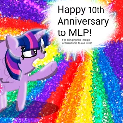 Size: 1080x1080 | Tagged: safe, artist:crossovercartoons, derpibooru import, twilight sparkle, twilight sparkle (alicorn), alicorn, pony, 10, abstract background, anniversary, cute, digital art, digital drawing, happy birthday mlp:fim, misspelling, mlp fim's tenth anniversary, rainbow, solo