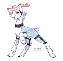 Size: 2935x2859 | Tagged: safe, artist:infrej, derpibooru import, oc, oc:pastel frost, unofficial characters only, deer, wolf, animal costume, blushing, clothes, collar, commission, costume, deer oc, male, markings, open mouth, raised hoof, simple background, solo, transparent background, wolf costume, ych result