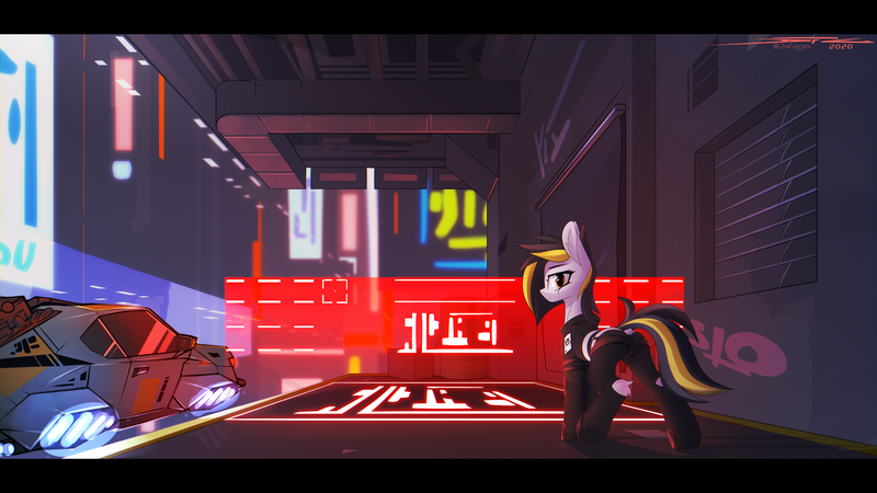 Size: 3840x2160 | Tagged: safe, artist:deafjaeger, derpibooru import, oc, oc:zealous stripes, unofficial characters only, earth pony, pony, armor, balcony, barrier, belt, butt, car, city, cityscape, clothes, cyberpunk, dock, ear fluff, emblem, featureless crotch, flying car, future, graffiti, hieroglyphics, hockless socks, hoodie, hooves, jacket, looking at you, looking back, looking back at you, neon, night, panties, parking lot, plot, raised hoof, raised tail, shirt, smiling, smirk, socks, solo, stockings, t-shirt, tail, the chronicles of order, thigh highs, thrusters, underwear, walking