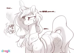 Size: 1857x1335 | Tagged: safe, artist:dragk, derpibooru import, princess celestia, alicorn, pony, anniversary, butt, clothes, cutie mark, happy birthday mlp:fim, mlp fim's tenth anniversary, monochrome, mug, plot, ponytail, sarcasm, solo, thicc ass