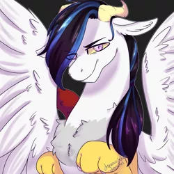 Size: 2449x2449 | Tagged: safe, artist:dark--drawz, derpibooru import, oc, oc:dante, unofficial characters only, draconequus, hybrid, draconequus oc, interspecies offspring, looking at you, male, offspring, parent:discord, parent:princess celestia, parents:dislestia, sinister smile, solo, spread wings, wings