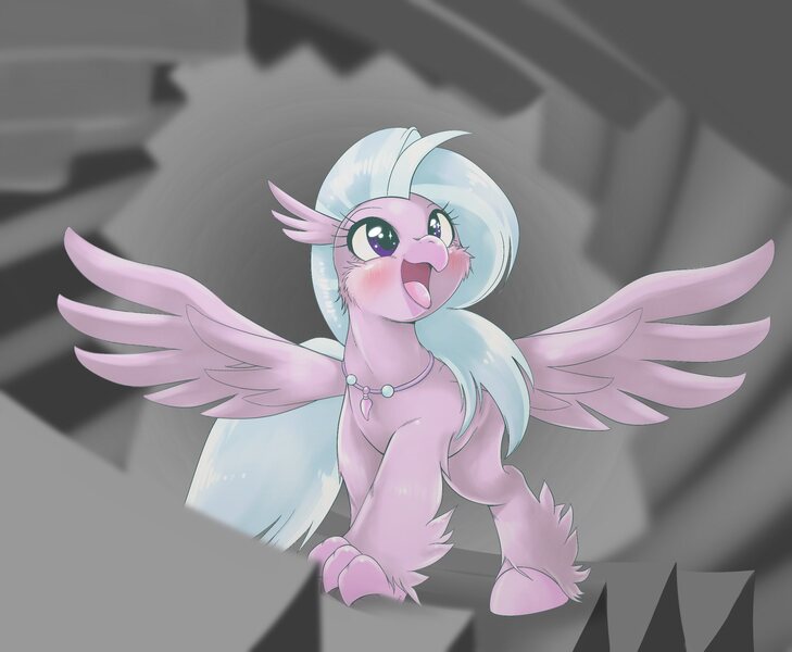 Size: 2166x1782 | Tagged: safe, artist:kurogewapony, derpibooru import, silverstream, hippogriff, pony, blushing, cheek fluff, cute, diastreamies, female, filly, happy, looking up, open mouth, smiling, solo, spread wings, stairs, starry eyes, that hippogriff sure does love stairs, wingding eyes, wings