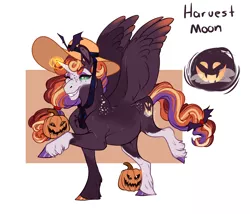 Size: 2044x1746 | Tagged: safe, artist:yozora122, derpibooru import, oc, oc:princess harvest moon, alicorn, pony, female, glowing horn, halloween, hat, holiday, horn, jack-o-lantern, magical lesbian spawn, mare, offspring, parent:applejack, parent:princess luna, parents:lunajack, pumpkin, solo, unshorn fetlocks