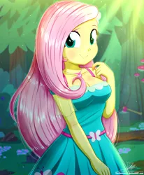Size: 1784x2163 | Tagged: safe, artist:the-butch-x, derpibooru import, fluttershy, equestria girls, equestria girls series, beautiful, breasts, busty fluttershy, clothes, cute, cutie mark, cutie mark on clothes, dress, female, geode of fauna, jewelry, looking at you, magical geodes, necklace, pink hair, redraw, rework, shyabetes, signature, smiling, smiling at you, solo