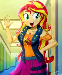 Size: 1784x2163 | Tagged: safe, artist:the-butch-x, derpibooru import, sunset shimmer, equestria girls, equestria girls series, breasts, busty sunset shimmer, clothes, cute, cutie mark, cutie mark on clothes, female, geode of empathy, jacket, jewelry, leather, leather jacket, looking at you, magical geodes, necklace, open mouth, redraw, rework, shimmerbetes, signature, skirt, solo, waving, waving at you
