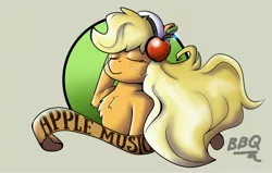 Size: 2998x1909 | Tagged: safe, artist:gryphon bbq, derpibooru import, applejack, earth pony, pony, chest fluff, eyes closed, female, flowing mane, headphones, loose hair, mare, solo