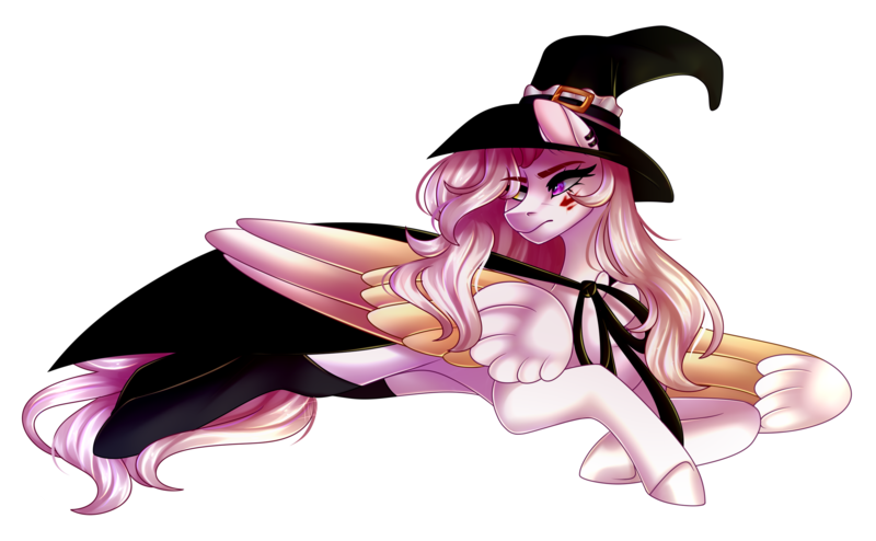 Size: 2610x1611 | Tagged: safe, artist:saltycatt, derpibooru import, oc, oc:mrochina, pegasus, pony, colored wings, female, hat, lying down, mare, multicolored wings, prone, simple background, solo, transparent background, wings, witch hat