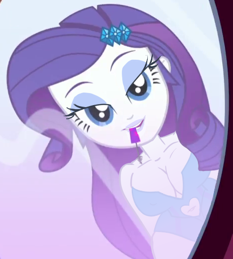 Size: 465x515 | Tagged: suggestive, derpibooru import, edit, edited screencap, editor:usuarioregular2600, screencap, rarity, eqg summertime shorts, equestria girls, make up shake up, breast edit, breasts, busty rarity, cleavage, makeup, mirror