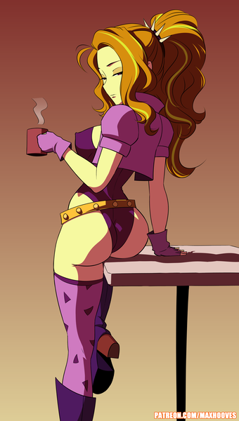 Size: 2814x4960 | Tagged: suggestive, artist:rambon7, derpibooru import, adagio dazzle, equestria girls, adagio dat-azzle, ass, backbend, bedroom eyes, belt, big breasts, boots, breasts, busty adagio dazzle, butt, clothes, coffee, coffee mug, curvy, erect nipples, eyeshadow, female, fingerless gloves, gloves, hairband, high heel boots, high heels, high res, jacket, large voluminous hair, leggings, legs, leotard, lidded eyes, looking at you, makeup, mug, nipple outline, patreon, ponytail, pose, raised leg, rear view, sexy, shoes, sideboob, socks, solo, solo female, steam, stockings, stupid sexy adagio dazzle, thigh highs, thighs, thong leotard, wide hips