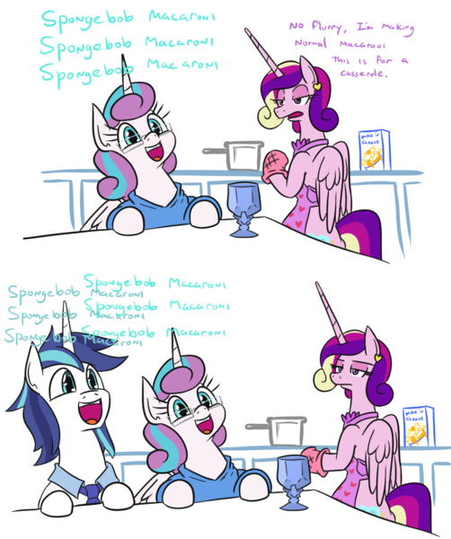 Size: 897x1072 | Tagged: safe, artist:jargon scott, derpibooru import, princess cadance, princess flurry heart, shining armor, alicorn, pony, unicorn, :d, apron, bipedal, cadance is not amused, chalice, clothes, comic, cute, daughters gonna daughter, father and child, father and daughter, fathers gonna father, female, flurrybetes, food, glasses, housewife, husband and wife, like father like daughter, like parent like child, macaroni, male, mare, mother and child, mother and daughter, naked apron, necktie, nerd, nerdy heart, older, older flurry heart, oven mitts, pasta, shining adorable, smiling, stallion, sweater, unamused