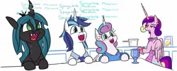 Size: 1327x536 | Tagged: safe, artist:jargon scott, artist:tjpones, derpibooru import, edit, princess cadance, princess flurry heart, queen chrysalis, shining armor, alicorn, changeling, changeling queen, pony, unicorn, :d, apron, bipedal, cadance is not amused, chalice, clothes, comic, cute, cutealis, father and child, father and daughter, female, flurrybetes, food, glasses, housewife, husband and wife, implied infidelity, implied shining chrysalis, implied shipping, implied straight, like father like daughter, like parent like child, macaroni, male, mare, mother and child, mother and daughter, necktie, nerd, nerdy heart, older, older flurry heart, oven mitts, pasta, sharp teeth, shining adorable, smiling, stallion, sweater, teeth, unamused