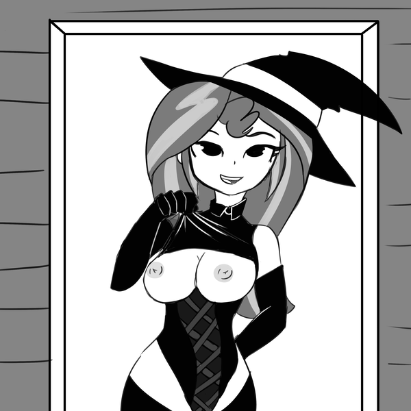 Size: 3000x3000 | Tagged: questionable, artist:tjpones, derpibooru import, edit, sunset shimmer, equestria girls, big breasts, braless, breasts, busty sunset shimmer, clothes, comic, corset, costume, dialogue, evening gloves, exposed breasts, female, flashing, gloves, grayscale, halloween, halloween costume, hat, holiday, long gloves, monochrome, nipples, nudity, partial nudity, shirt, shirt lift, socks, solo, solo female, thigh highs, witch costume, witch hat