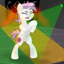 Size: 1200x1200 | Tagged: safe, artist:dafiltafish, derpibooru import, sweetie belle, pony, unicorn, alternate hairstyle, belly button, bipedal, female, filly, microphone, rock (music), rock star, singing, solo, spotlight, teenager