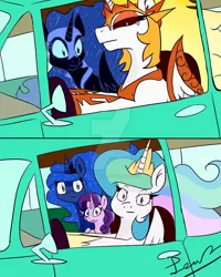 Size: 1280x1600 | Tagged: safe, artist:jynsherlock, derpibooru import, daybreaker, nightmare moon, princess celestia, princess luna, starlight glimmer, alicorn, pony, unicorn, a royal problem, 2 panel comic, car, comic, driving, meme