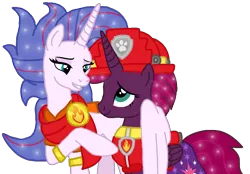 Size: 1556x1080 | Tagged: safe, artist:徐詩珮, derpibooru import, fizzlepop berrytwist, tempest shadow, oc, oc:aurora (tempest's mother), alicorn, series:sprglitemplight diary, series:sprglitemplight life jacket days, series:springshadowdrops diary, series:springshadowdrops life jacket days, alicornified, alternate universe, clothes, female, lifejacket, marshall (paw patrol), mother and child, mother and daughter, older, older tempest shadow, paw patrol, race swap, simple background, tempesticorn, transparent background