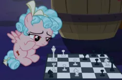 Size: 714x470 | Tagged: safe, derpibooru import, screencap, cozy glow, the summer sun setback, barrel, chess, chessboard, cropped, solo