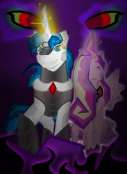 Size: 567x775 | Tagged: safe, artist:gatesmccloud, derpibooru import, king sombra, princess cadance, shining armor, alicorn, pony, umbrum, unicorn, alternate universe, armor, bevor, black background, boots, chestplate, clothes, cmc 10k, corrupted, corrupted cadance, corrupted shining armor, crown, crystal kingdom, crystalance, cuirass, curved horn, dark magic, fangs, fauld, female, gorget, helmet, hoof shoes, horn, jagged horn, jewelry, king shining sombra, magic, male, pauldron, peytral, plackart, purple background, queen crystalance, regalia, shining sombra, shoes, simple background, solo, sombra eyes, sombra's cape, sombra's robe, tiara