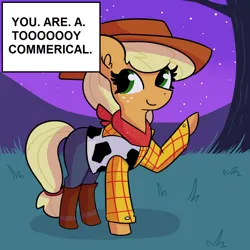 Size: 1024x1024 | Tagged: safe, artist:tjpones, derpibooru import, edit, applejack, earth pony, pony, boots, clothes, costume, cowboy boots, cute, female, halloween, halloween costume, high res, holiday, jackabetes, mare, neckerchief, night, plaid shirt, shirt, shoes, solo, toy story, vest, waving, woody