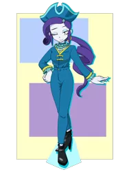 Size: 1668x2224 | Tagged: safe, artist:batipin, derpibooru import, rarity, equestria girls, alternate hairstyle, boots, clothes, female, gameloft, gameloft interpretation, geometric background, hat, high heel boots, navy, one eye closed, shoes, solo, tricorne, wink