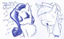 Size: 1280x783 | Tagged: safe, artist:krissiefox, derpibooru import, applejack, rarity, chest fluff, female, lesbian, purring, rarijack, shipping, traditional art