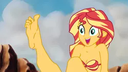 Size: 1920x1080 | Tagged: suggestive, artist:zarxnos, derpibooru import, sunset shimmer, mermaid, equestria girls, 1000 hours in ms paint, adorasexy, bare shoulders, barefoot, bra, breasts, cleavage, clothes, crossover, cute, feet, female, happy, seashell bra, sexy, shimmerbetes, smiling, solo, solo female, strapless, strapless bikini, stupid sexy sunset shimmer, the little mermaid, underwear, what do you call them?