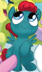 Size: 596x1022 | Tagged: safe, artist:amy mebberson, artist:jay fosgitt, derpibooru import, idw, heart throb, spitfire, unnamed character, unnamed pony, pegasus, pony, spoiler:comic, spoiler:comicff11, cloudsdale, cropped, cute, female, filly, g1, g1 to g4, generation leap, offscreen character, smiling, solo focus