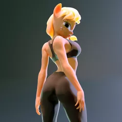 Size: 1920x1920 | Tagged: suggestive, artist:melvelvin, derpibooru import, applejack, anthro, unguligrade anthro, 3d, ass, breasts, busty applejack, butt, clothes, female, leggings, looking at you, looking back, looking back at you, no tail, solo, solo female, sports bra, standing