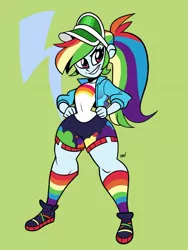 Size: 1024x1365 | Tagged: safe, artist:justindurden, derpibooru import, rainbow dash, equestria girls, equestria girls series, festival filters, spoiler:eqg series (season 2), clothes, female, hands on hip, looking at you, music festival outfit, ponytail, rainbow socks, shorts, smiling, socks, solo, striped socks, thighs, wide hips