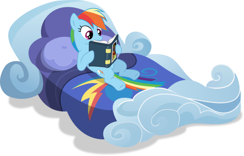 Size: 9374x6000 | Tagged: safe, artist:frownfactory, derpibooru import, rainbow dash, pegasus, pony, read it and weep, .svg available, bed, book, cloud, female, mare, simple background, solo, transparent background, vector