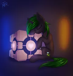 Size: 2600x2703 | Tagged: safe, artist:xanter, derpibooru import, oc, oc:soft spring, unofficial characters only, pony, unicorn, abstract background, companion cube, crossover, cube, cute, ear fluff, eyes closed, female, high res, horn, mare, neon, ocbetes, portal, portal (valve), portal 2, sleeping, solo, unicorn oc