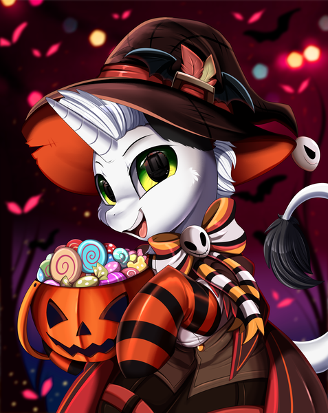 Size: 2550x3209 | Tagged: artist:pridark, candy, clothes, commission, derpibooru import, food, halloween, hat, high res, holiday, horn, jack-o-lantern, oc, oc:ghost note, open mouth, part of a set, pumpkin, raffle winner, safe, socks, solo, striped socks, unknown species, witch hat, ych result