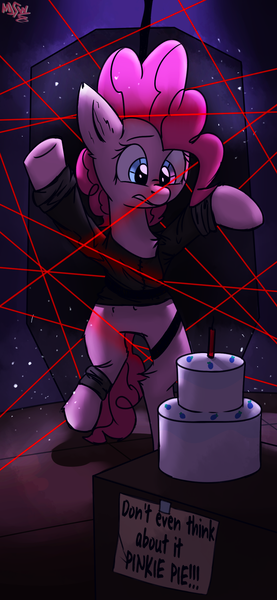 Size: 1080x2340 | Tagged: safe, artist:mjsw, derpibooru import, pinkie pie, earth pony, pony, cake, female, food, heist, laser, mare, robbery, solo, worried