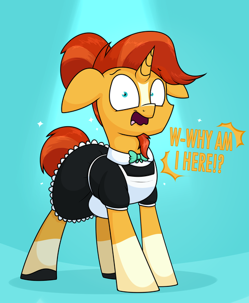 Size: 1400x1700 | Tagged: safe, artist:moonatik, derpibooru import, sunburst, pony, unicorn, adorable distress, apron, blue background, bowtie, clothes, crossdressing, cute, dialogue, dress, facial hair, female, floppy ears, frown, goatee, hair bun, looking at you, maid, male, mare, shoes, simple background, skirt, solo, sparkles, spotlight, stallion, sunbetes, surprised, tail bun, talking to viewer, tights, wavy mouth, wide eyes