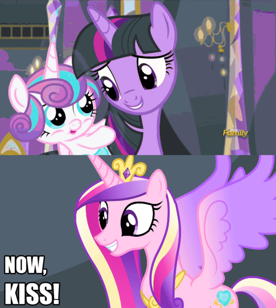 Size: 1024x1142 | Tagged: safe, derpibooru import, edit, edited screencap, screencap, princess cadance, princess flurry heart, twilight sparkle, twilight sparkle (alicorn), alicorn, pony, a flurry of emotions, female, incest, lesbian, now kiss, princess of shipping, shipping, twilight's castle