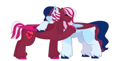 Size: 1280x640 | Tagged: safe, artist:itstechtock, derpibooru import, oc, oc:love ribbons, oc:ruby, unofficial characters only, pegasus, pony, female, hug, mare, simple background, transparent background, two toned wings, wings