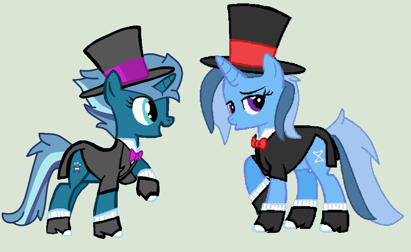 Size: 1226x752 | Tagged: safe, artist:jadethepegasus, artist:twidashfan1234, derpibooru import, oc, oc:twinkle mint, oc:wondermint, unofficial characters only, pony, unicorn, icey-verse, base used, bowtie, clothes, coat, duo, female, gray background, hat, high heels, hoof shoes, magical lesbian spawn, mare, multicolored hair, offspring, open mouth, parent:minuette, parent:trixie, parents:minixie, raised hoof, shirt, shoes, siblings, simple background, sisters, socks, suit, top hat